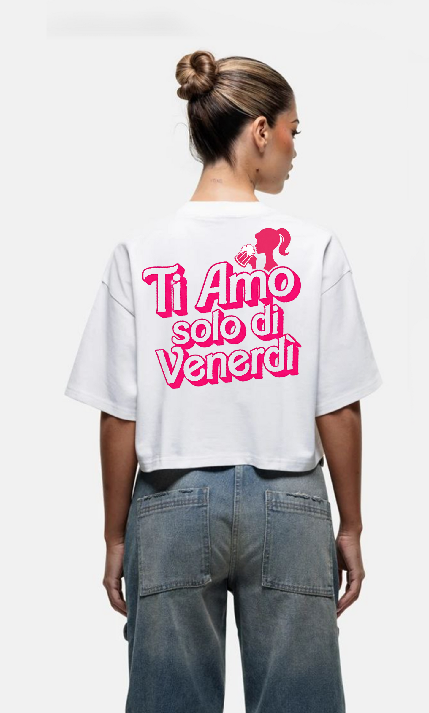T-Shirt CROP bianca Ti Amo solo di Venerdì